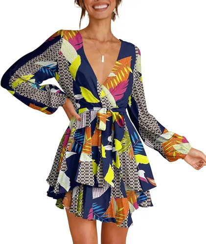 Vista 4 de Cosonsen Vestido corto de mujer con cuello en V profundo, manga larga, cintura con volados, vestido skater