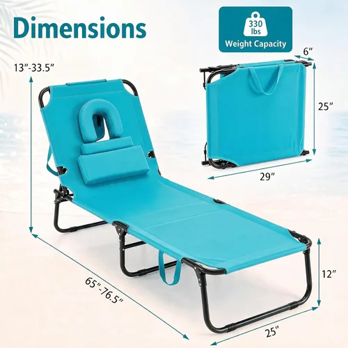 Vista 3 de GYMAX Silla bronceadora, sillas plegables con orificio para la cara y funda, asa de transporte de almohada extraíble, portátil, compacta, diseño al