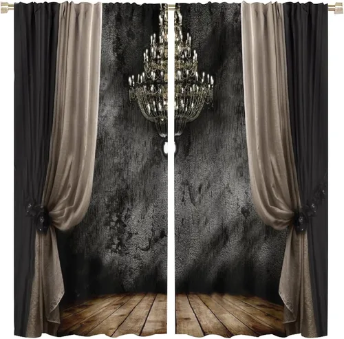 Vista 18 de Cortinas opacas góticas, diseño de calavera de terror de palacio retro, fondo de rosas rojas, sala de estar, dormitorio, cocina, cortinas de ventana