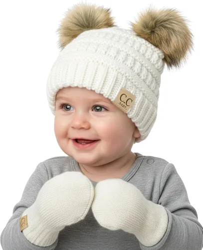 Vista 17 de Funky Junque Conjunto de gorro y mitones con doble pompón de pelo sintético para bebé – Gorro de invierno para recién nacidos de 0–9 meses