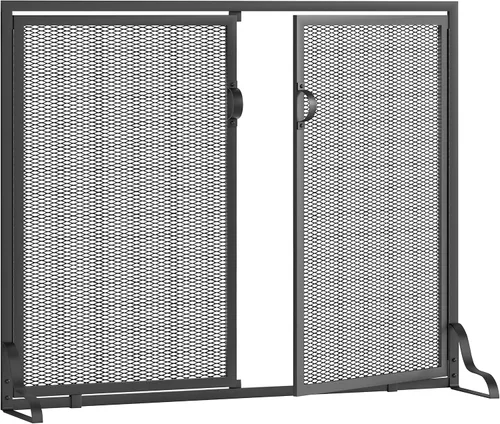 Vista 6 de Kingson Pantalla para chimenea con puertas magnéticas, 2 paneles hechos a mano de hierro forjado sólido, malla decorativa, protección contra chispas