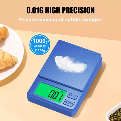 Vista 6 de Báscula de bolsillo de 1000 g/0.1 g, báscula digital de cocina de alta precisión Diyife, pantalla LCD, 7 unidades con función de tara, adecuada