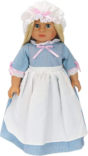 Vista 3 de American Fashion World Conjunto de vestido colonial azul para muñecas de 14 pulgadas Sombrero incluido Calidad premium y diseño moderno Moda