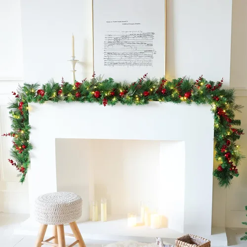 Vista 4 de Guirnalda de Navidad preiluminada de 9 pies con luces, guirnalda de Navidad para mesa, chimenea, escalera, manto de pared, decoración de interiores