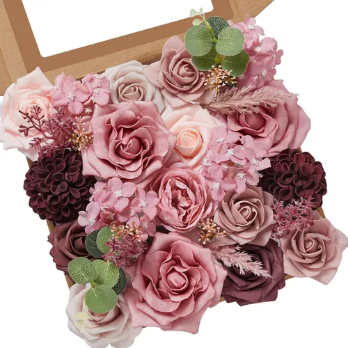 Vista 27 de Serwalin - Flores artificiales color rosa polvoriento, decoración del hogar para boda