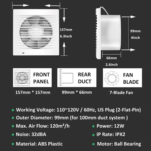 Vista 2 de Extractor de pared de 4 pulgadas, 55 CFM y 12 W, ventilador extractor de ventilación de montaje en ventana pequeña para cocina, baño, taller, garaje