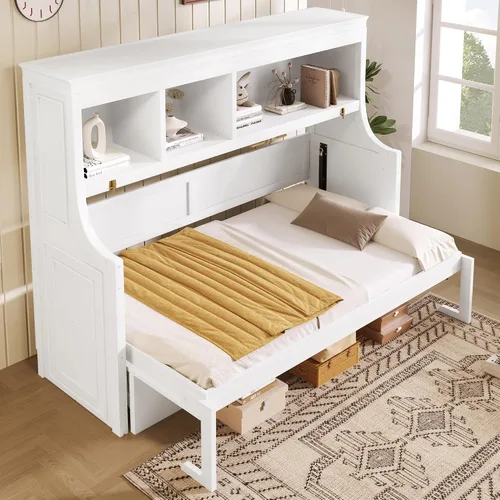 Vista 25 de Cama Murphy de tamaño matrimonial con estación de carga, marco de cama de pared de madera que ahorra espacio se puede plegar, armario de cama cubo