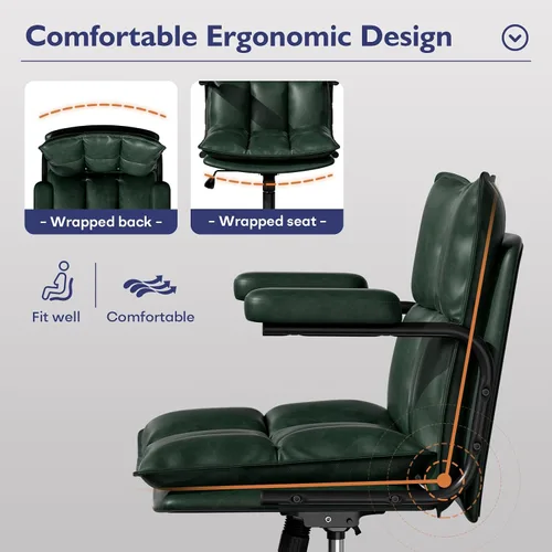 Vista 3 de Ollega Mid Century Modern Desk Chair, Vintage Leather Office Chair, Green Petite Computer Chair for Small to Medium Women, Thickened Back, Cozy