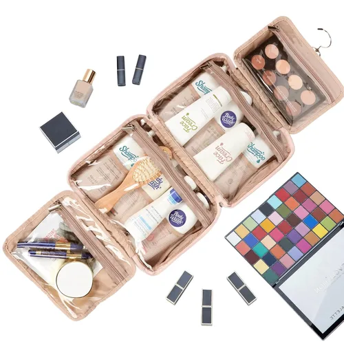 Vista 6 de NISHEL - Neceser de aseo colgante para viaje, organizador de maquillaje, estuche de maquillaje para accesorios de viaje, baño, ducha, Rosado