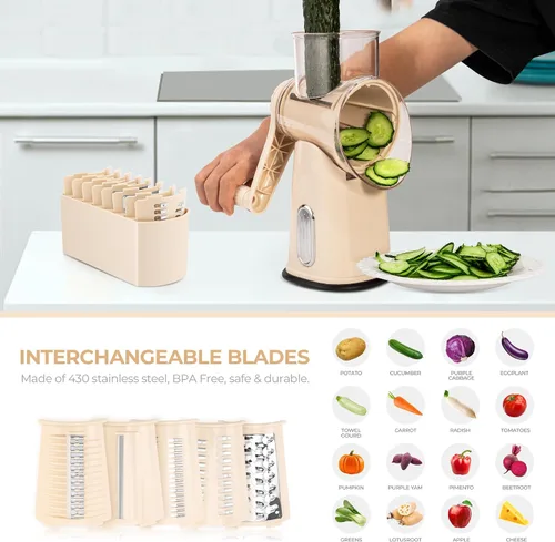 Vista 3 de SUSTEAS Rallador de queso rotativo con mango - Triturador de verduras con 5 cuchillas bien diseñadas y base de succión fuerte, rebanador