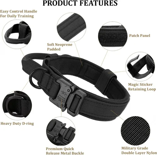 Vista 2 de Collar táctico para perro con asa, collar de entrenamiento militar ajustable para perros, nailon suave y hebilla de metal resistente para perros