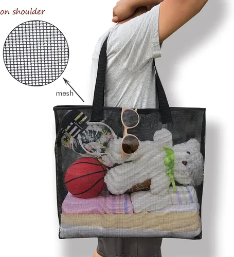 Vista 6 de Paquete de 2 bolsas grandes y ligeras de malla simple con botón a presión, reutilizable, bolsa de piscina para viajes al aire libre, compras