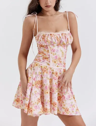 Vista 2 de Yuemengxuan Mini vestido sexy de corsé para mujer, con tirantes delgados, vestido ajustado Y2K, corte bajo, con cordones, vestido corto para fiesta