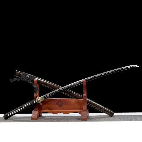 Vista 9 de Espada Katana real hecha a mano, espada samurái japonesa auténtica espiga completa muy afilada, acero de alto carbono 1060, 41 pulgadas, negro