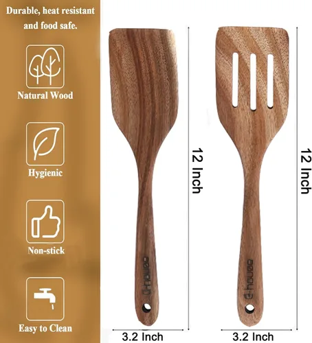Vista 6 de Juego de 2 espátulas de madera de acacia natural, espátulas ranuradas de madera maciza de mango largo, espátulas planas para freír, espátulas