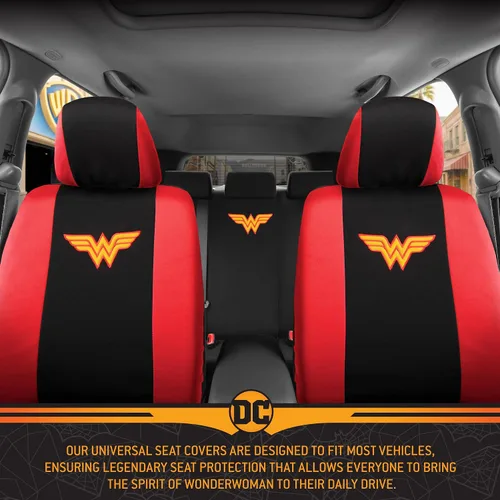 Vista 6 de BDK Wonder Woman - Juego completo de 9 piezas para asientos de automóvil, protectores de asiento de poliéster, color negro y rojo