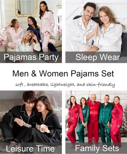Vista 4 de SWOMOG Conjunto de pijama a juego para parejas, de satén de seda, de manga larga, suave, con botones
