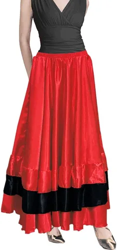 Vista 4 de BACKGARDEN Falda larga de satén con capas negras y rojas para mujer, para flamenco español, danza del vientre, ballet mexicano, actuación folklórica