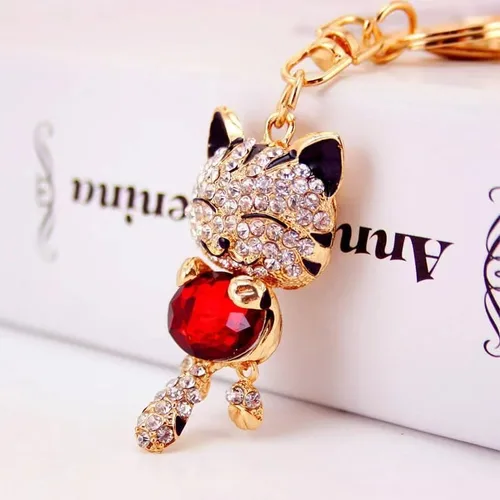 Vista 2 de JewelBeauty Llavero de diamantes de imitación de cristal con diseño de gatito lindo gato de la fortuna (negro y rojo), pastillas de freno
