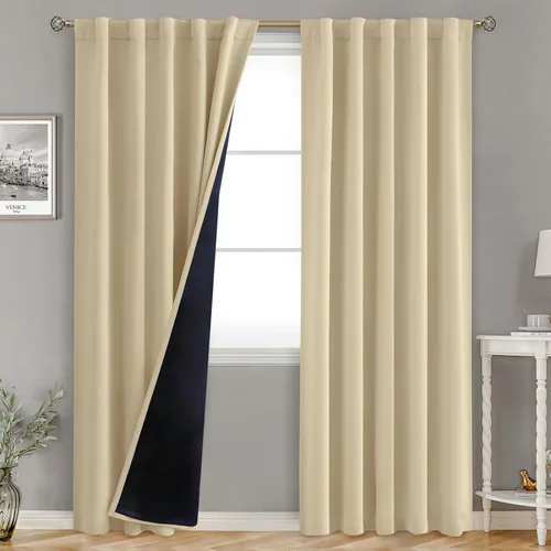 Vista 160 de BGment Cortinas 100% opacas beige de 63 pulgadas de largo con forro aislante térmico, bolsillo para varilla y lengüeta trasera de doble capa