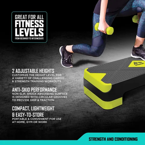 Vista 6 de RBX Plataforma de escalón aeróbico con superficie texturizada antideslizante, pasos ajustables de 2 niveles para ejercicio, compacta, ligera, fácil