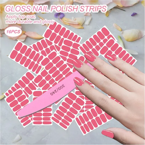 Vista 5 de 16 hojas de envolturas de uñas rosas para mujer, tiras de esmalte de uñas de color sólido, tiras de uñas de gel, autoadhesivas, calcomanías