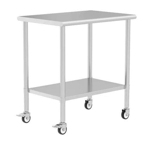 Vista 16 de Mesa de acero inoxidable con ruedas de 24 x 30 pulgadas, mesa de trabajo utilitaria con estante inferior ajustable para cocina comercial, garaje