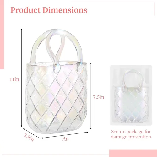 Vista 5 de Florero de cristal iridiscente con asa, elegante florero decorativo transparente con textura, hogar y centro de mesa
