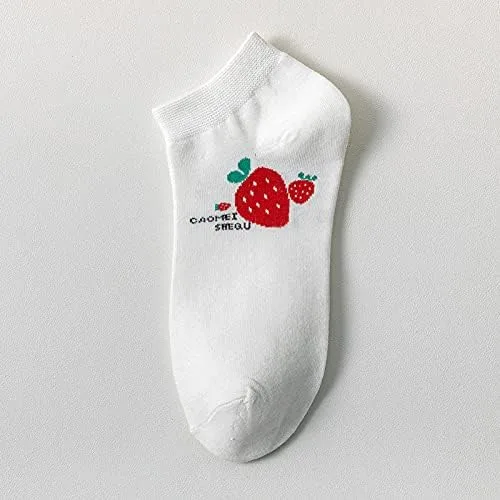 Vista 6 de 5 pares de calcetines Kawaii con diseño de fresa, fresa, lindos calcetines de corte bajo para mujer, calcetines casuales de tobillo, Multi colorido