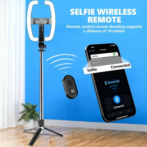 Vista 7 de Luz plegable para selfie con soporte, soporte extensible de 54 pulgadas para teléfono con luces LED regulables y control remoto, trípode de luz