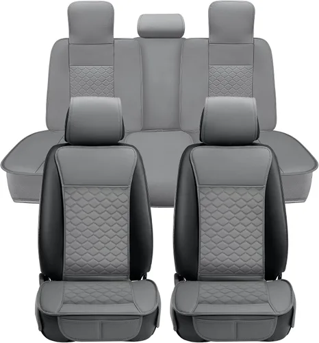 Vista 13 de Elantrip Fundas para Asiento de Coche de Cuero, Protector de Asiento de Coche para Mujeres, Compatible con Airbag, Funda de PU con Patrón de Beige