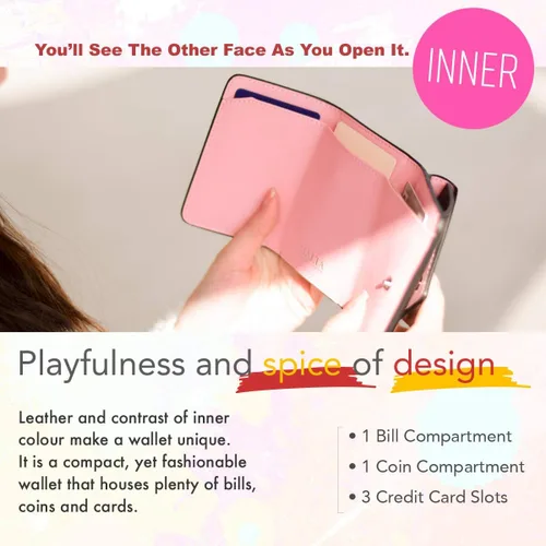 Vista 4 de MALTA Cuero auténtico Trifold Mini Billetera para las mujeres Monedero Titular de la tarjeta compacto dos tonos