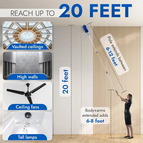 Vista 2 de Feather Microfiber Plus Nylon Static Cobweb Duster Alcanza hasta 20 pies Kit de plumero Webster de ventilador de techo extensible de 3 niveles