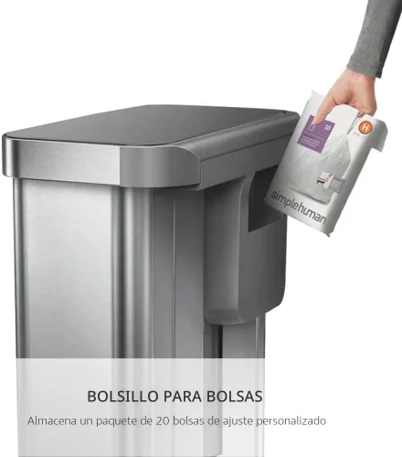 Vista 4 de Simplehuman - Cubo de basura rectangular para cocina de 45 litros / 12 galones, a pedal, con tapa de cierre suave, de acero inoxidable pulido