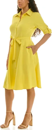 Vista 3 de Sharagano Vestido camisero plisado para mujer, manga 3/4, cuello en V, botones dorados Acacia