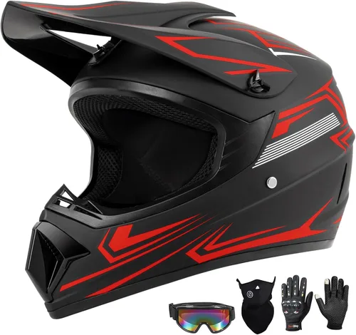 Vista 11 de Juego de 4 cascos de motocross para niños y jóvenes (guantes con gafas), casco de motocicleta de cara completa aprobado por DOT, ATV, BMX, bicicleta