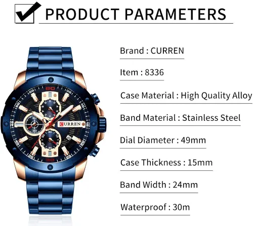 Vista 4 de Reloj de cuarzo luminoso hombre moda deporte acero inoxidable relojes 3ATM impermeable reloj cronógrafo relojes