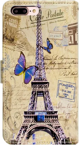 Vista 3 de Bcov Funda tipo cartera para iPhone 7 Plus/iPhone 8 Plus, Postal de la Torre Eiffel, funda multifuncional de piel con tapa y ranura para tarjeta