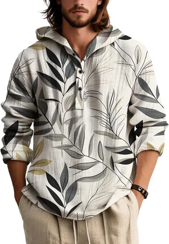 Vista 22 de Sudaderas con capucha con estampado floral retro para hombre, estilo bohemio, con botones, manga larga, sudaderas de gran