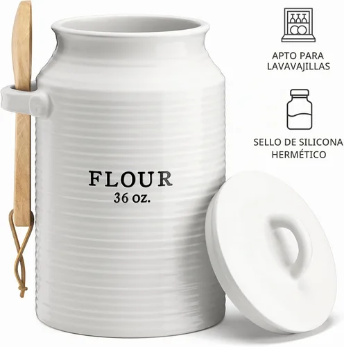 Vista 4 de Barnyard Designs - Tarro de harina decorativo para encimera de cocina, recipiente de cerámica para harina, tarro de granja rústico, blanco
