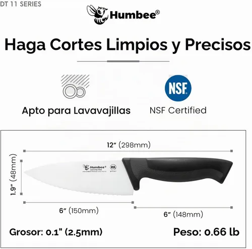 Vista 4 de Cuchillo de chef profesional con mango ergonómico – Cuchillo de cocina de acero inoxidable certificado NSF, dientes de onda dentada, hoja duradera
