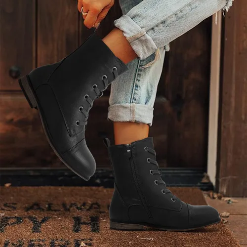 Vista 5 de katliu Botas de combate para mujer con cordones estilo militar con cremallera lateral puntera redonda