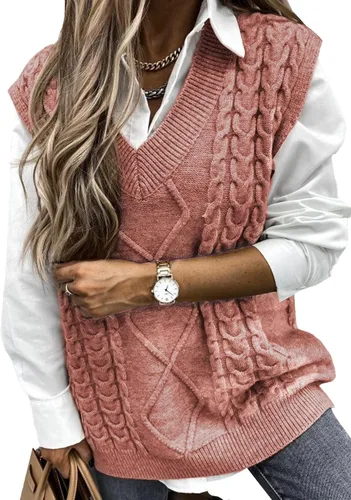 Vista 13 de EVALESS Chaleco Suéter de Gran Tamaño para Mujeres Cuello en V Sin Mangas Color Sólido Suéter Pullover Suelto 1 caqui.