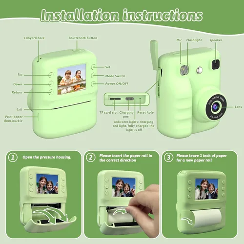 Vista 7 de Cámara a color para niños, impresión instantánea, cámara instantánea con papel fotográfico de 4 colores, video HD de 1080P y cámaras digitales