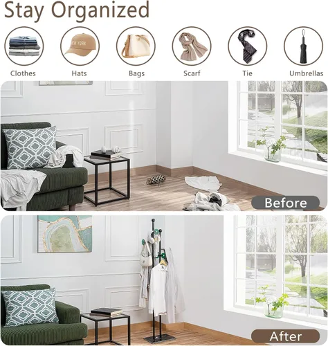 Vista 6 de JIAYUEJU Perchero de pie con base de mármol y 8 ganchos, perchero resistente para entrada, dormitorio, sala de estar, hotel, 14.96 x 10.24 x 68.9