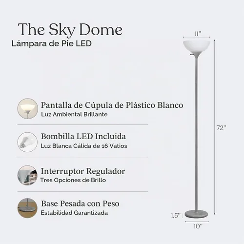 Vista 4 de Brightech Lámpara de pie LED regulable Sky Dom, lámpara de pie Torchiere para sala de estar, dormitorio y oficina, lámpara de pie alta para leer