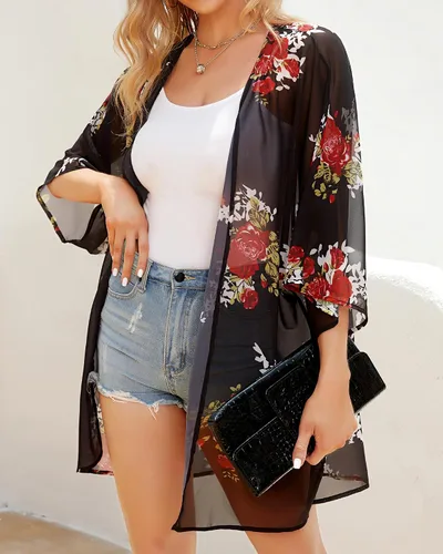 Vista 2 de Cárdigan estilo kimono con estampado floral para mujer, con mangas abullonadas, blusa informal, salida de baño
