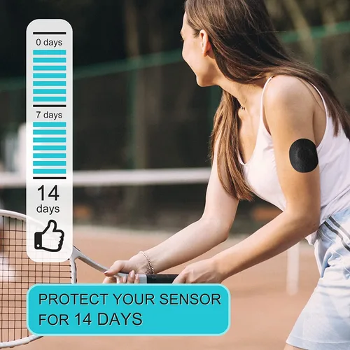Vista 4 de Cubiertas de sensor para Freestyle Libre, 30 parches adhesivos para sensor impermeables y a prueba de sudor, cinta de sobreparche para sensor CGM