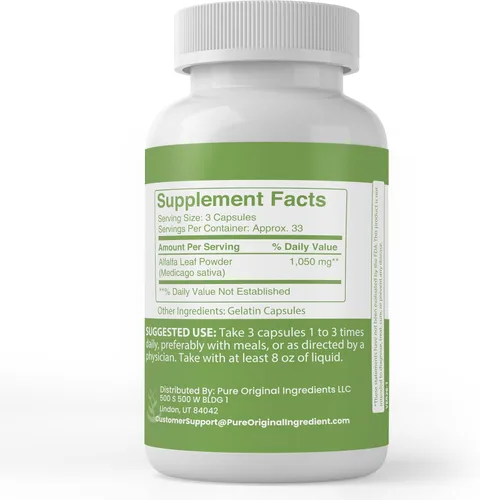 Vista 2 de Pure Original Ingredients Hoja de alfalfa, (100 cápsulas) siempre pura, sin aditivos ni rellenos, verificada por laboratorio