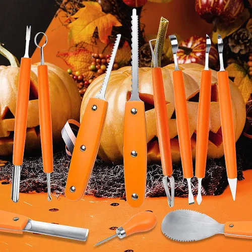 Vista 7 de Kit profesional de tallado de calabaza, 11 piezas de herramientas de tallado de acero inoxidable resistentes para Halloween con estuche de Naranja
